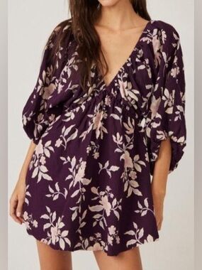 Free People New Linen Floral V-Neck Babydoll Dress Purple Women’s M MSRP $148